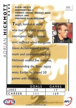 2003 Select XL AFL #212 Adrian Hickmott Back